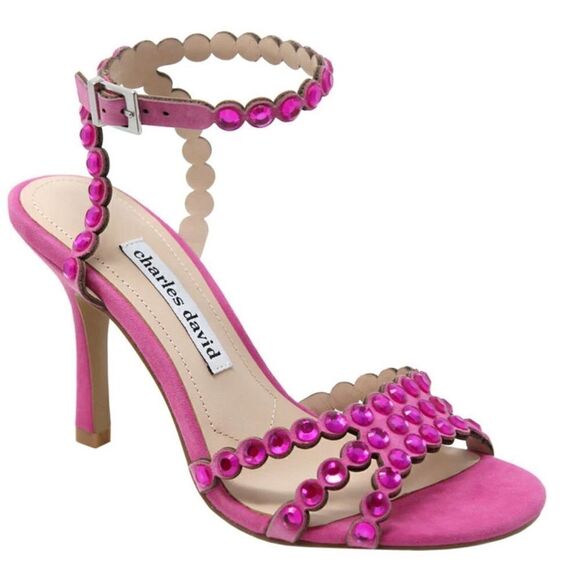 Charles David Sandals Ladies Size 5 Pink Rhinestones Suede Ankle Strap Heels - Picture 1 of 10